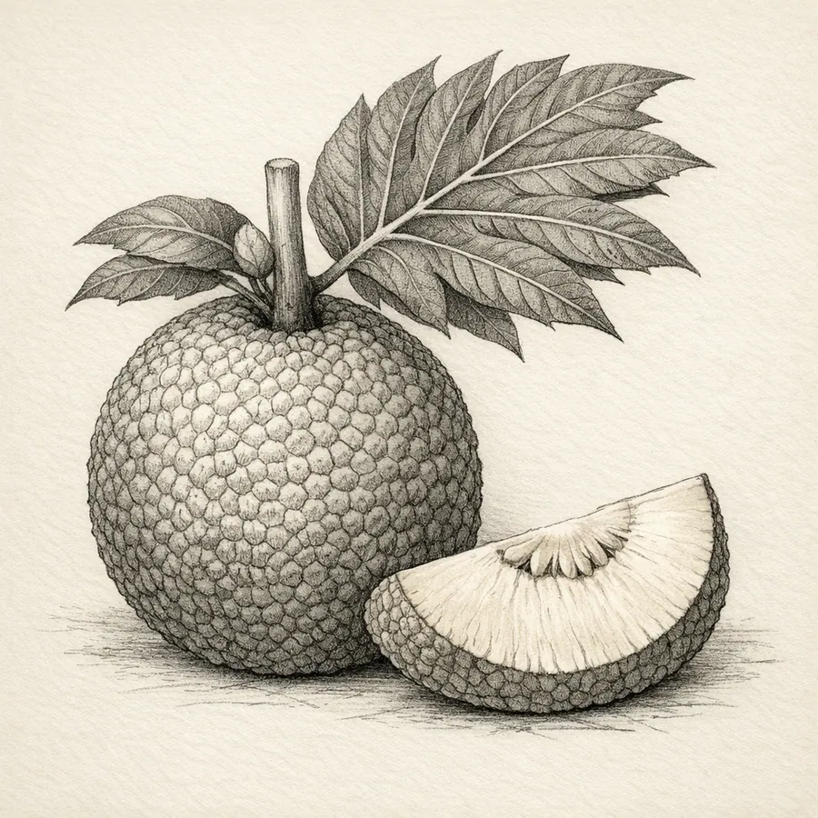 Realistic botanical illustration of Breadfruit for The Hidden Table ingredient library