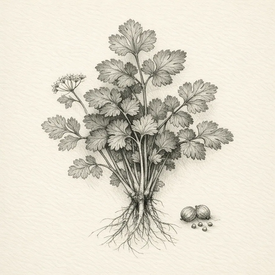 Realistic botanical illustration of Cilantro for The Hidden Table ingredient library