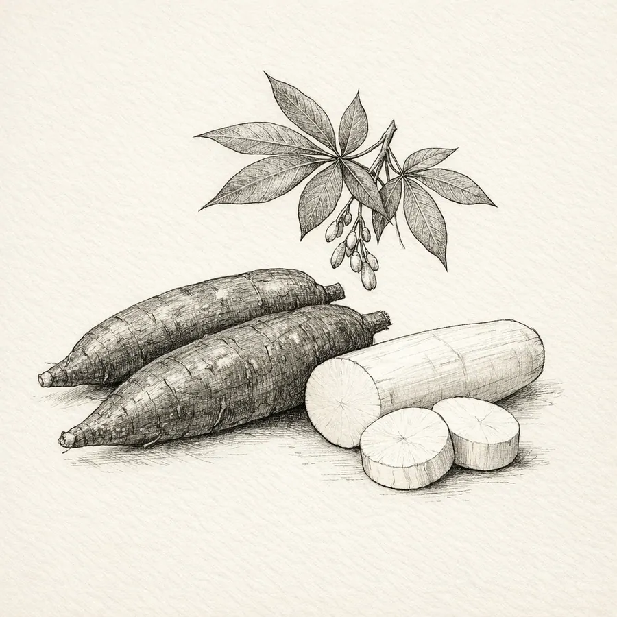 Realistic botanical illustration of Sweet yuca for The Hidden Table ingredient library